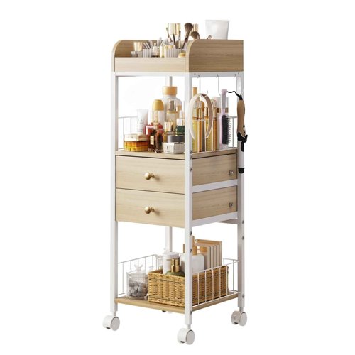 DongRong Makeup Organizer Cart, Rolling Floor Skincare Organizer and Storage with 2 Wooden Drawers, Cosmetics Display Cases Holder for Skin Care Perfume Hair Tools Nail Polish