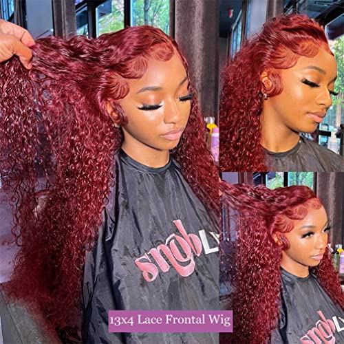 99j Burgundy Lace Front Wigs Human Hair Deep Wave 13x4 Hd Lace Frontal Wigs for Black Women Glueless Wigs Human Hair Pre Plucked Deep Curly Wet and Wavy Red Colored Lace Front Wig (26 Inch)