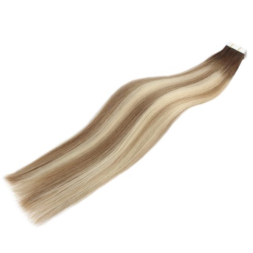 Lovrio Tape in Hair Extensions Human Hair Blonde Hair Extensions Tape ins Highlight Walnut Brown Roots to Light Chestnut Brown with Bleach Blonde #R3-8-613 Blonde Tape in Hair 18in 50G/20pcs