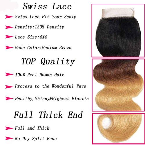 Ombre Blond Bundles with Closure Brazilian Virgin Human Hair #1B/4/27 Body Wave Blond Human Hair Bundles with 4x4 Lace Closure Hair Extension (12 14 16+10 Inch)