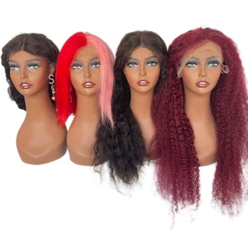 Voloria 4PCS Wholesale Realistic Female Mannequin Head Long Neck Manikin PVC Head Bust Wig Model Head Stand with Makeup Wigs,Hats,Sunglasses,Necklace,Jewelry (Dark), Brown (voloriamannequin4pieces)
