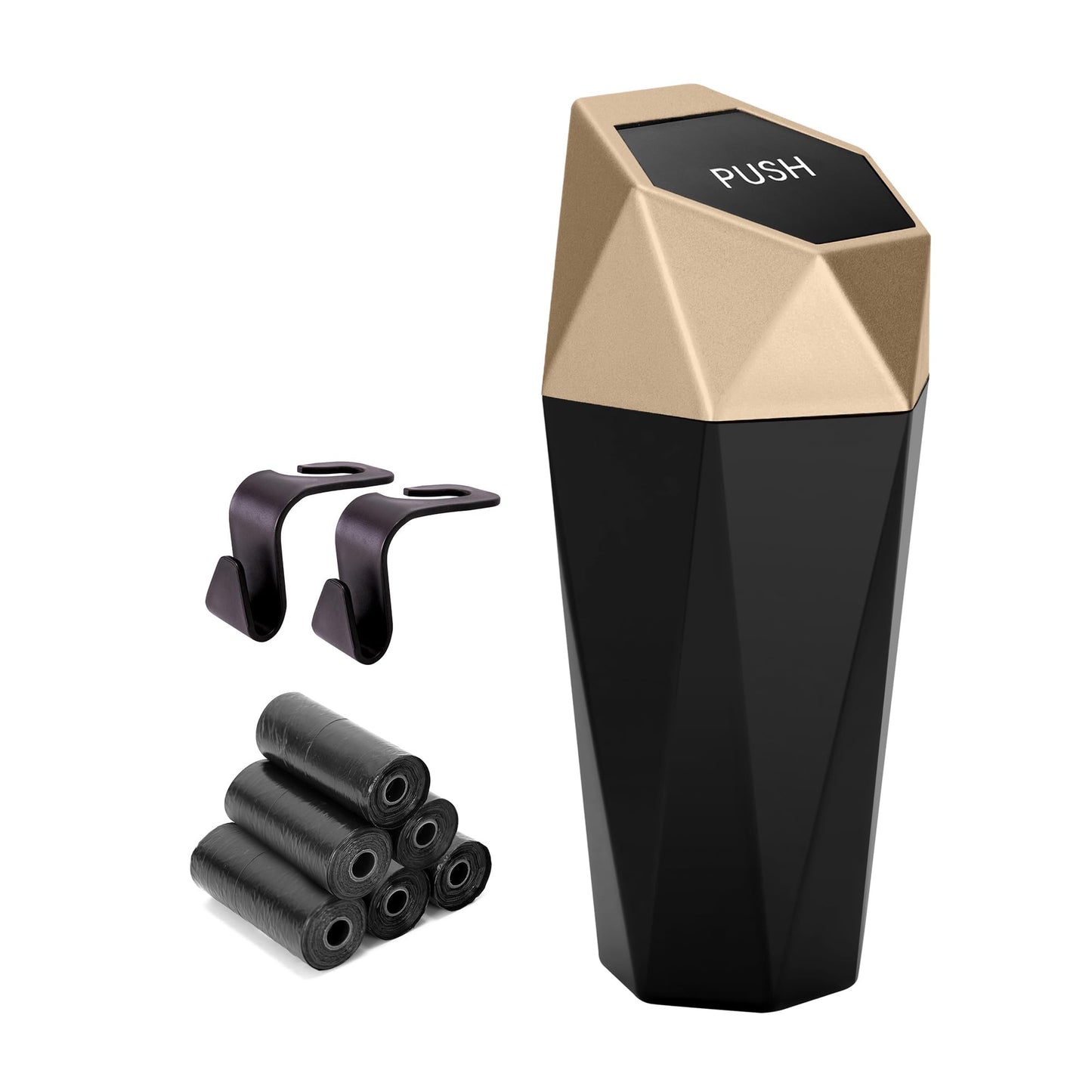 Ginsco Car Trash Can Cup Holder, Mini Car Trash Can with Lid, Car Accessories for Interior, Leakproof Small Trash Cup for Car, Home with Additional 2 ABS Hooks and 90pcs Trash Bags Golden