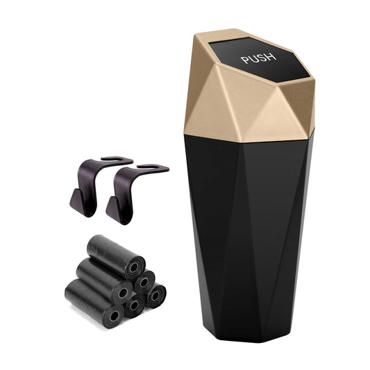 Ginsco Car Trash Can Cup Holder, Mini Car Trash Can with Lid, Car Accessories for Interior, Leakproof Small Trash Cup for Car, Home with Additional 2 ABS Hooks and 90pcs Trash Bags Golden