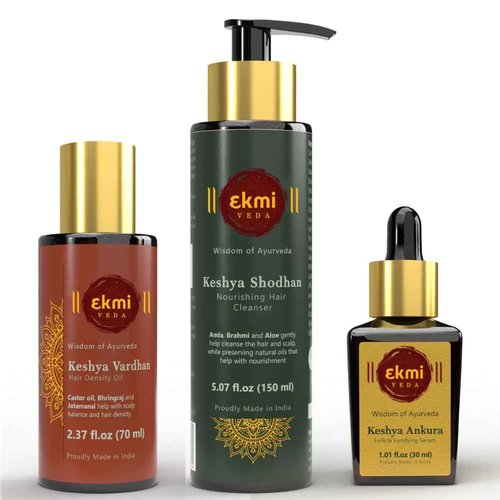 EKMIVEDA Hair Growth Set With Ayurvedic Herbs- Amla, Bhringraj, Castor, Rosemary For Hair Growth. Sulfate Free Hair Thickening Product,3 Pcs - Oil, Shampoo & Serum, 8.45 Fl Oz