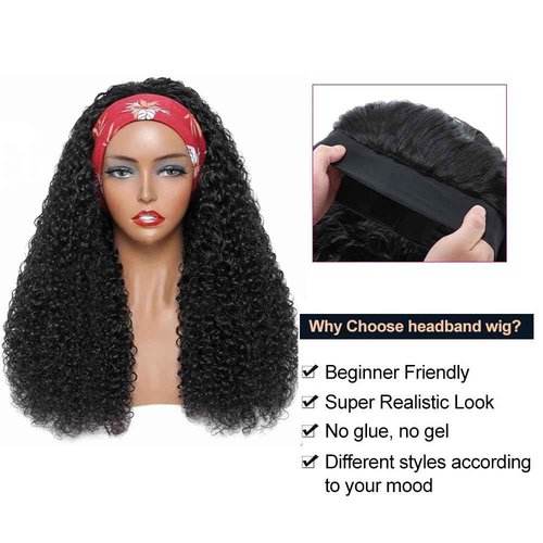 XSY Headband Wig Human Hair for Black Women Kinky Curly Headband Wig Glueless Brazilian Hair None Lace Front Wigs 150% Density Half Wigs Natural Colour 150% Density (24inch)