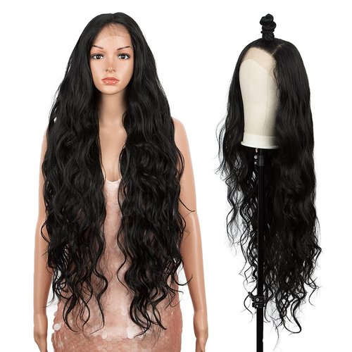 Style Icon Easy-360 36" Free Part Lace Frontal Wigs Super Long Multi-Layered Big Curl Wig Synthetic Wig (36 Inches, 1B)