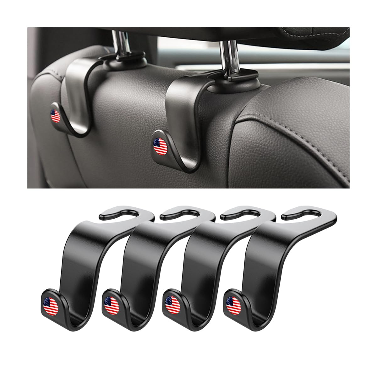 4PCS Car Seat Headrest Hooks, Auto Back Seat Hanger Holder, Durable Stylish Vehicle Organizer Universal Car Interior Accessories, Storage Hooks for Purses, Bags, Clothes, Hats (Black/Red Flag)