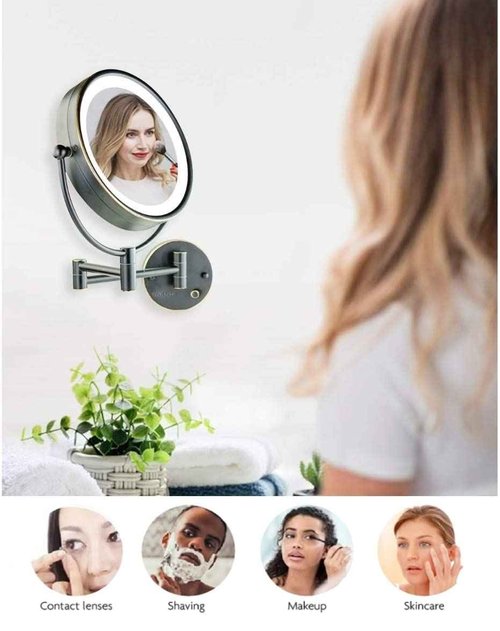 OVENTE Wall Mounted Lighted Makeup Vanity Mirror, 9" Hard Wired Double Sided 1X/7X Magnifying Bathroom Mirror, Dimmable LED Lights, 360° Rotation and 14" Extendable Arm, Rubbed Bronze MPWD3185BZ1X7X