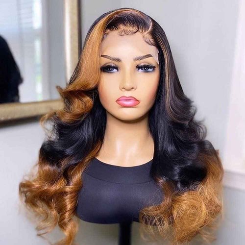 QTIKER Body Wave Ombre Honey Blonde Highlights Human Hair Wig 13x4 Transprent HD Lace Frontal Wig Brazilian Human Hair Wigs Pre Plucked With Baby Hair 150% Density (18Inch)