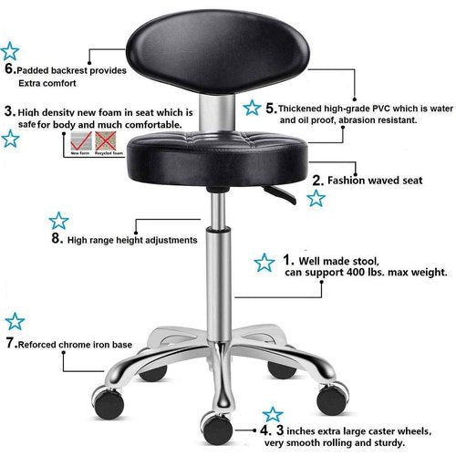 Kaleurrier Rolling Stool Salon Chair with Smooth-Rolling Wheels 360-degree Swivel Seat Heavy Duty Hydraulic Height Adjustable High Barber Cutting Stools (Black, with Backrest)