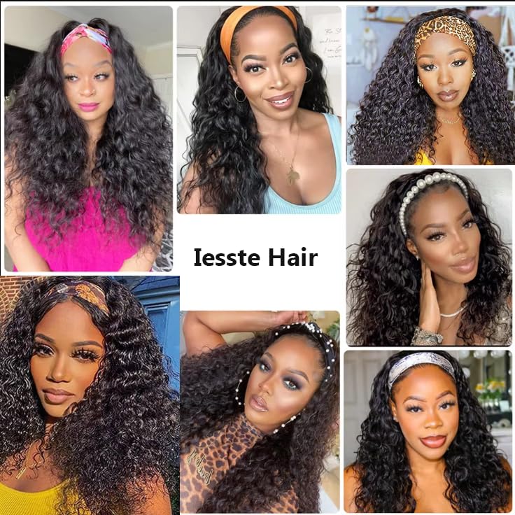 Long Headband Wig Human Hair Deep Wave Human Hair Wigs for Women Curly Half Wig None Lace Front Wigs 180% Density 26 Inch Brazilian Virgin Hair Natural Black Color
