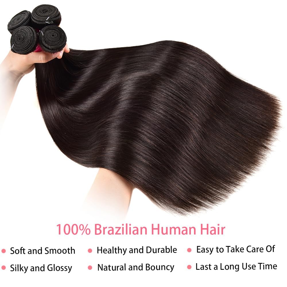 12A Straight Bundles Human Hair,100% Unprocessed Human Hair Brazilian Virgin Straight 3 Bundles Deals Real Natural Black Color Hair Extensions for Women 20 22 24 Inch