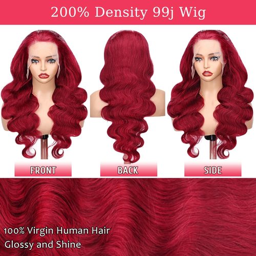 SOSATISFY 99J Burgundy Lace Front Wigs Human Hair 200 Density 13x4 Full Lace Body Wave Wig HD Transparent Lace Red and Wine Wigs for Women Pre Plucked with Baby Hair 22 Inch