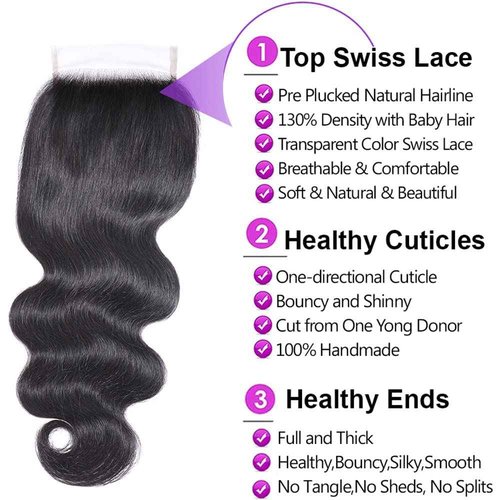 UDesire Human Hair Bundles with Closure 18 20 22+16 Inch Bundles with Closure 100% Brazilian Virgin Body Wave 3 Bundles Human Hair with 4x4 Lace Closure Natural Black