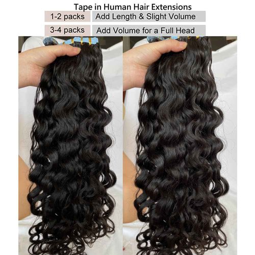 Tape in Hair Extensions Natural Wavy Real Human Hair 24inch Nautural Black Water Wave Brazilian Remy Human Hair Natural Color Tape on Human Hair Extensions 40pcs 100g #1B