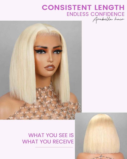 Megalady Beauty Arabella 613 Bob Wig Human Hair 13X4 Ready to Go Glueless Wig 180% Density Straight 613 Bob Wigs Human Hair Pre Plucked with Baby Hair (12inch, 13x4, Glueless Bob Wig)