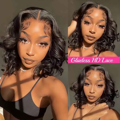 ISEE Wear and Go Glueless Wigs Human Hair Pre Plucked Pre Cut Short Bob Body Wave Lace Front Wigs Human Hair for Women Upgraded Glueless Bob Wig No Glue 6x4 HD Lace Closure Wigs (12 Inch)