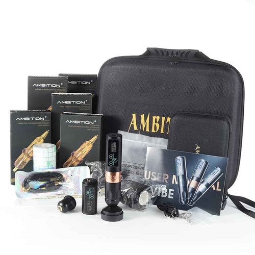 Ambition Rotary Tattoo Gun Kit, Vibe Wireless Tattoo Pen Machine Brushless Motor Dual 2400mAh Batteries with 100pcs Mixed Size Glory Tattoo Cartridge Needles for Pro Artists