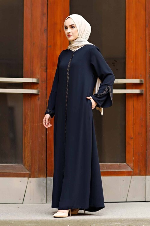 istanbul styles Women's Abaya Long Sleeve Open Quarry Floor Length Zipper Floor Length Turkish Islamic Fashion (Navy Bule, XX-Large)