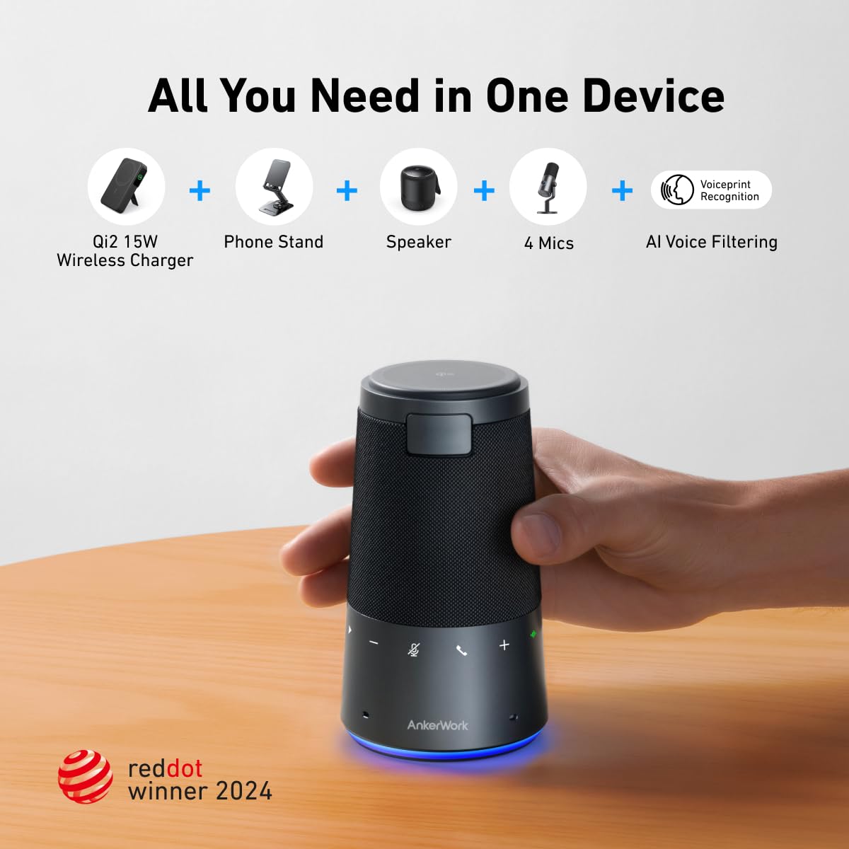 Anker PowerConf C200 & AnkerWork S600 All-in-One Speakerphone, Bluetooth Speaker with Microphone, Qi2 15W Wireless Charging, AI Noise Cancelling, 70° Adjustable Magnetic Phone Stand, 360° Sound