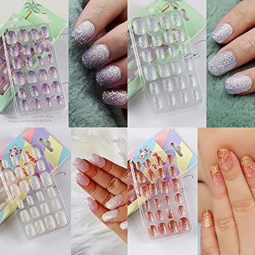120 Pieces Fake Nails for Girls Gradient Color Kid Nails Press on Pre-glue Children Artificial False Nails Short Oval Full Cover Acrylic Stick on Nail Tips Kit for Little Girl Toys (Gradient Glitter)