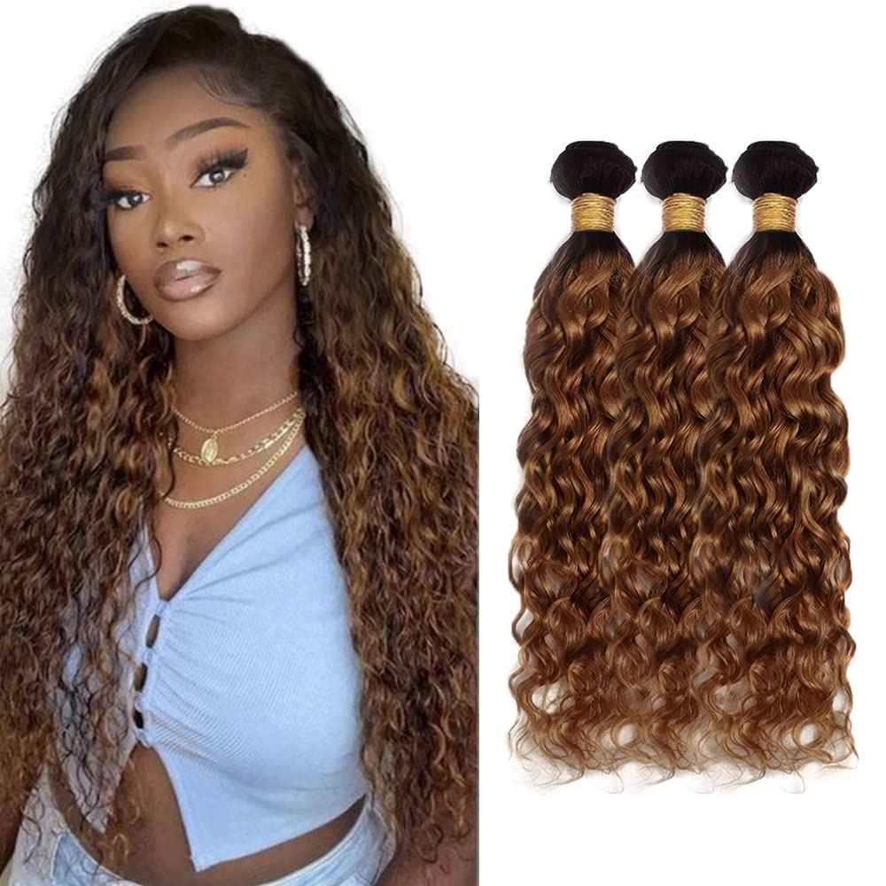 26 28 30 Inch Ombre Water Wave Bundles 1B30 Bundles Human Hair Weave 8A Peruvian Virgin Remy Hair 3 Bundles Ombre 2 Tone Black and Brown Water Wave Bundles Human Hair 100g/Pc