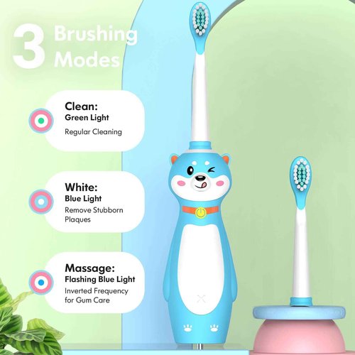 DADA-TECH Kids Electric Toothbrush Rechargeable, Sonic Silicone Teeth Brush with Timer for Children Boys Girls Ages 3+, 3 Modes with Memory, 4 Soft Brush Heads (Blue Shiba Inu Dog)