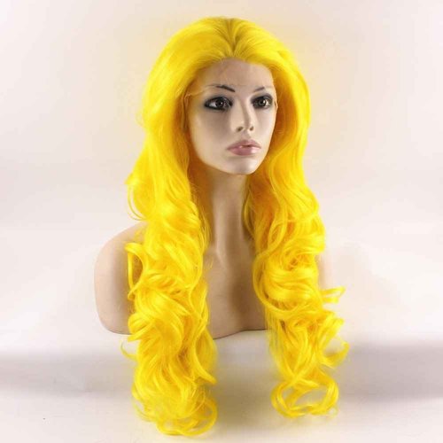 MX angel Long Wavy Celebrity Synthetic Lace Front Yellow Cosplay Party Wig
