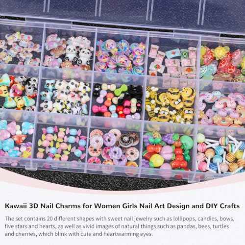 230Pcs Kawaii Nail Charms 3D Heart Candy Bow Charms Cute Turtle Bee Flatback Slime Charms 20 Shapes Assorted Nail Supplies for Women Girls Nail Art Design DIY Crafts