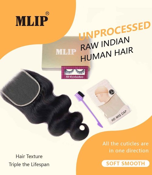 Mlip 5x5 HD Lace Closure Body Wave, 0.10mm Ultra Thin Invisible Swiss Lace, Skinlike Real HD Lace Melt into Skin Perfectly, Pre-plucked Natural Hairline, Raw Indian Human Hair 16 Inches