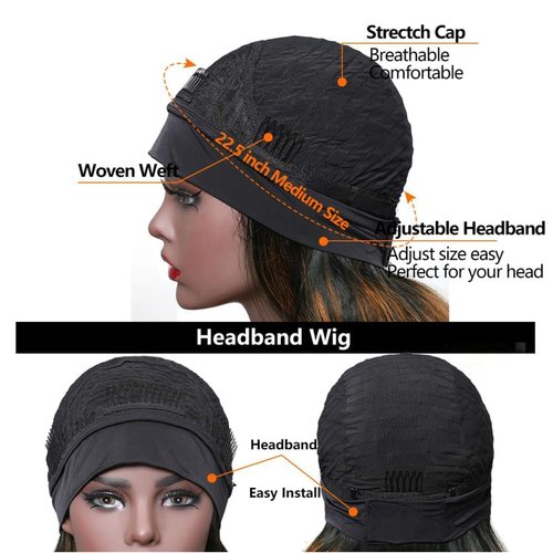 YIROO Headband Human Hair Wig Ombre Brown Yaki Straight Glueless Put on and Go Wigs with Dark Roots Drawstring Chestnut Brown 12A Highlight No Lace No Glue 30S Ready to Wear Headband Wigs 18Inch