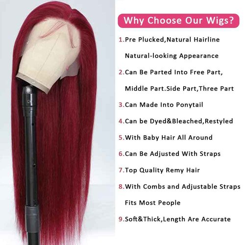 Samrabeauty 99j Burgundy Straight Lace Front Wigs Human Hair 99J 13X4 HD Transparent Lace Frontal Wigs 180% Density Glueless Pre Plucked with Baby Hair Wigs for Women
