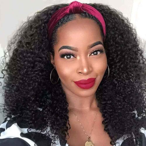 Kinky Curly Human Hair Headband Wig Glueless Non Lace Front Wig Human Hair Wigs for Black Women Natural Color Machine Made (Headband Wig, 22inch)