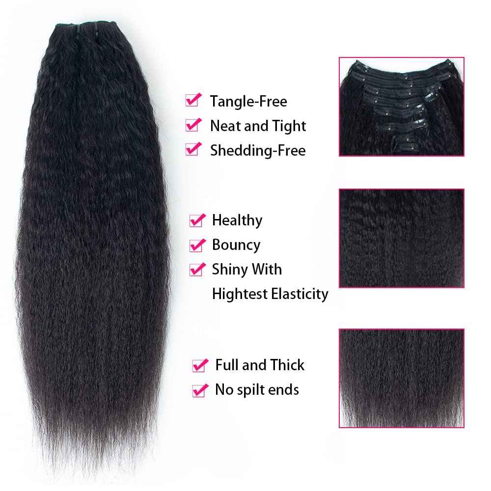 Kinky Straight Clip in Hair Extensions Human Hair for Black Women 8A Brazilian Kinky Real Hair Extensions Clip in Human Hair Full Head Natural Color 8pcs 18 Clips 120g/Set (16 Inch)