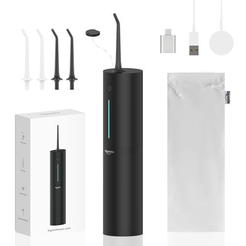 Bigsmile Black Water Flosser Cordless Portable Dental Irrigator Travel Shower Strong Pick Floss IPX7 200ML Must Have for Kids Braces Bridges (Black