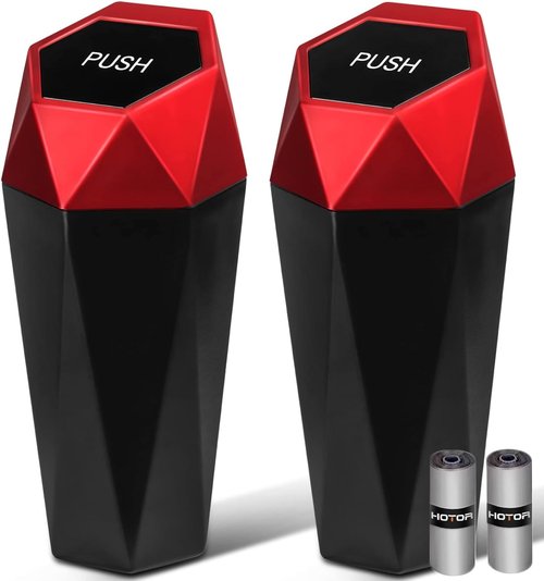 HOTOR Car Trash Can, 1200ml Capacity, Red Color, Plastic Material, Flipping Lid, 30 Attached Bags Included