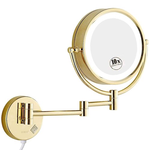 GURUN 8.5 Inch Magnifying Makeup Mirror with 3 Tones LED Lights Double Sided Vanity Mirror for Bathroom with 10X Magnification M1809DJ (Gold 10X)