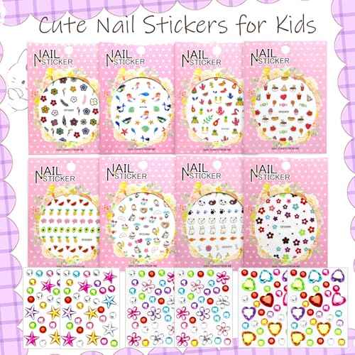 NOOEPC Nail Stickers for Kids and Mini Face Gems, Cute Nail Gem Stickers, Kids Nails Set for Girls Birthday Girl Party Favors Flower, Unicorn, Fruits, Animal Nail Art Design Decoration Accessories