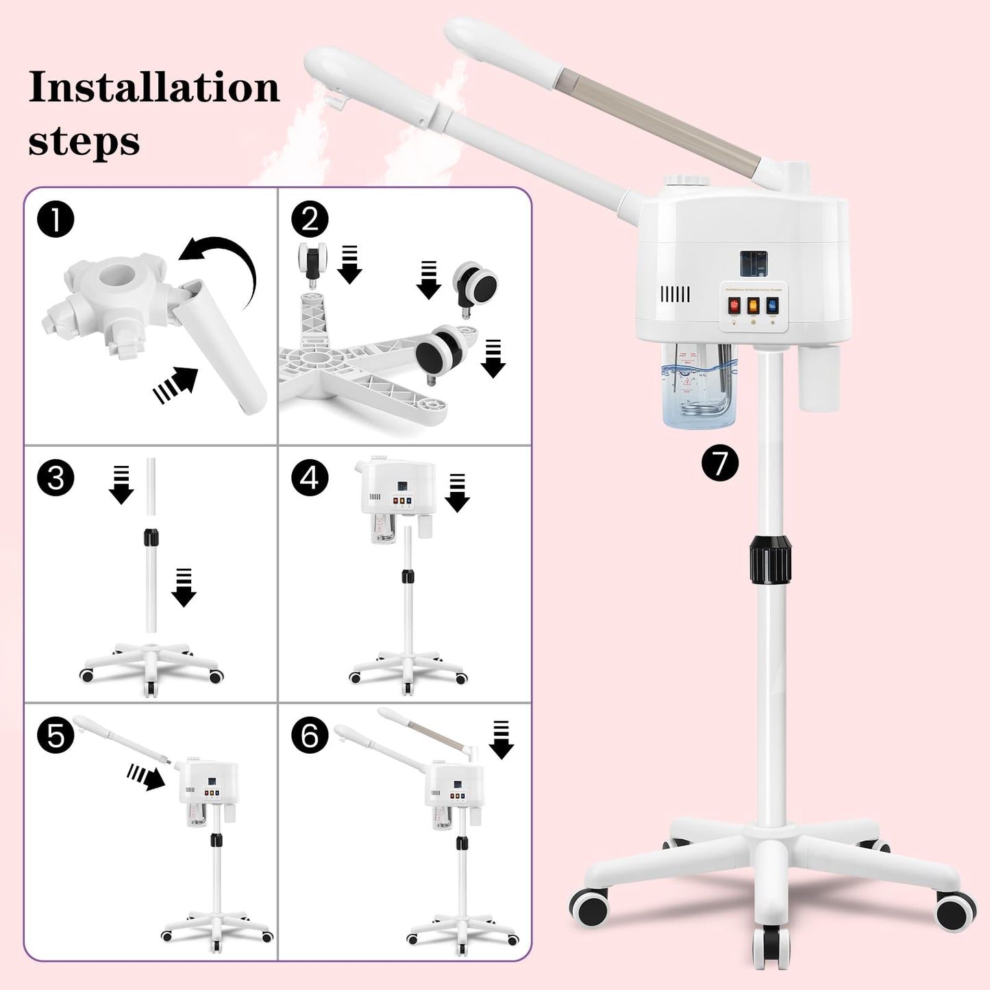 Professional Facial Steamer, 2 in 1 Face Steamer with Cold & Hot Mist, Ozone Facial Steamer with Timer Function, Stand Face Steamer Adjustable Height for Spa, Salon and at Home use