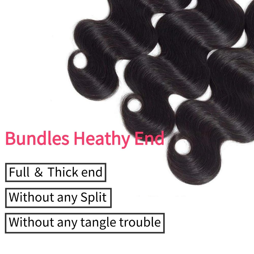 Genrein Body Wave Bundles Human Hair 16 18 20 Inch Brazilian Body Wave Human Hair 3 Bundles Natural Black Virgin Human Hair Extensions Unprocessed Wavy for Women
