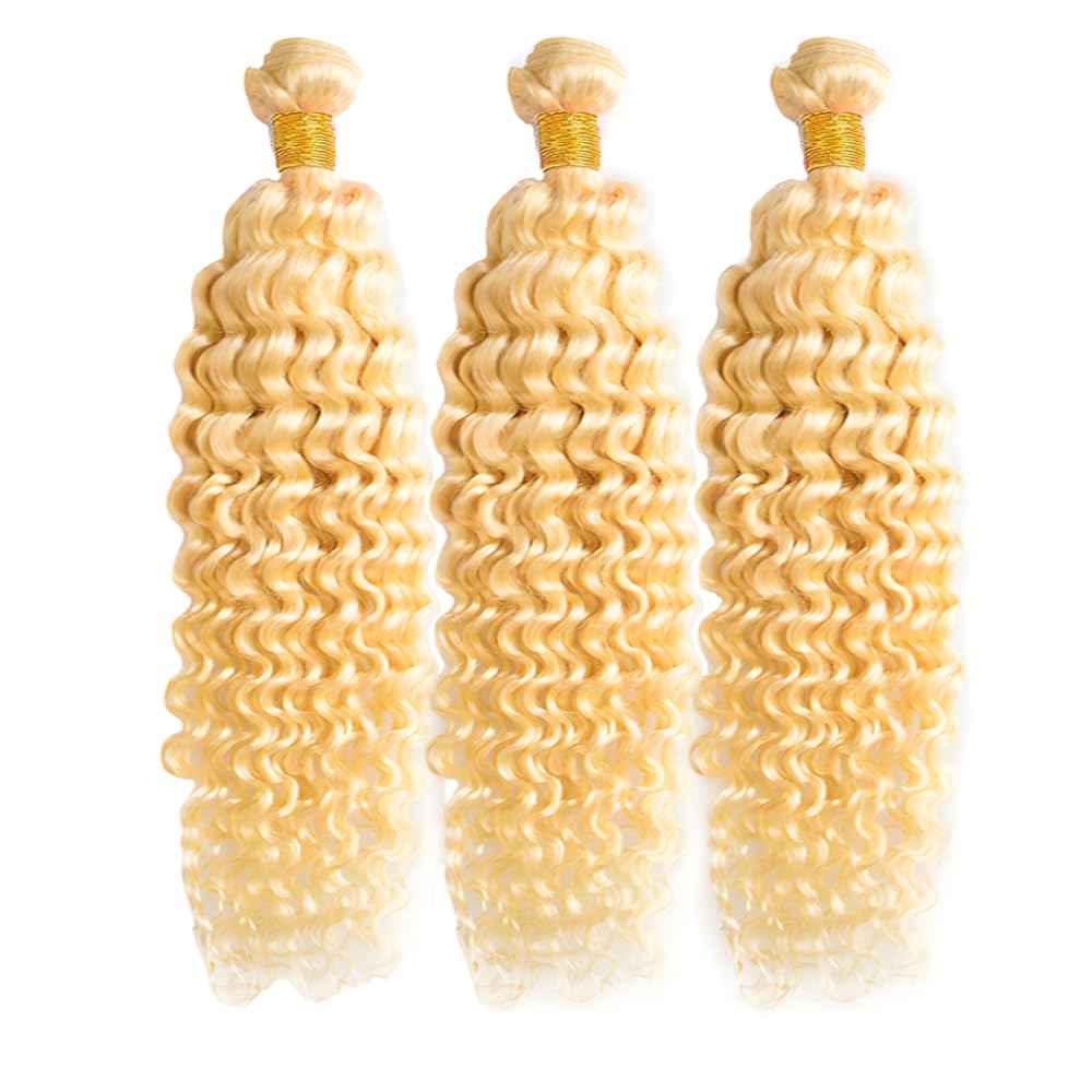 24 26 28 inch 613 Bundles Human Hair Blonde Deep Curly Bundles Peruvian Virgin Remy Hair Extensions Double Weft 613 Deep Wave Human Hair Weave
