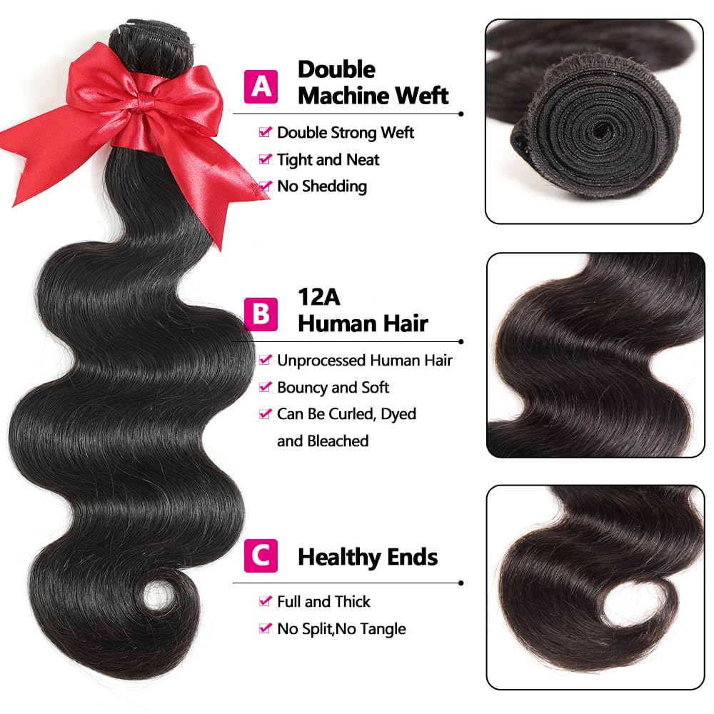 12A Human Hair Bundles with Closure 18 20 22 with 16 Inch Brazilian Body Wave 3 Bundles Human Hair with 4x4 HD Lace Closure 100% Unprocessed Virgin Human Hair Weave
