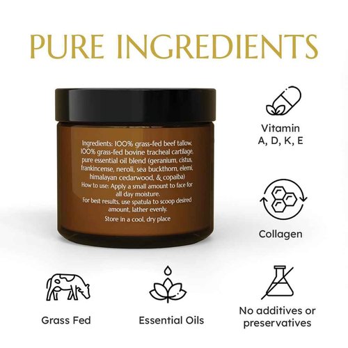 Krowa Morning Face Balm - Clean Grass Fed Tallow Balm w/Essential Oils + Collagen Peptides - Nourishing, Soothing, Hydrating and Adds Vitality to Skin. Deeply Renews. No Phthalates or Preservatives.