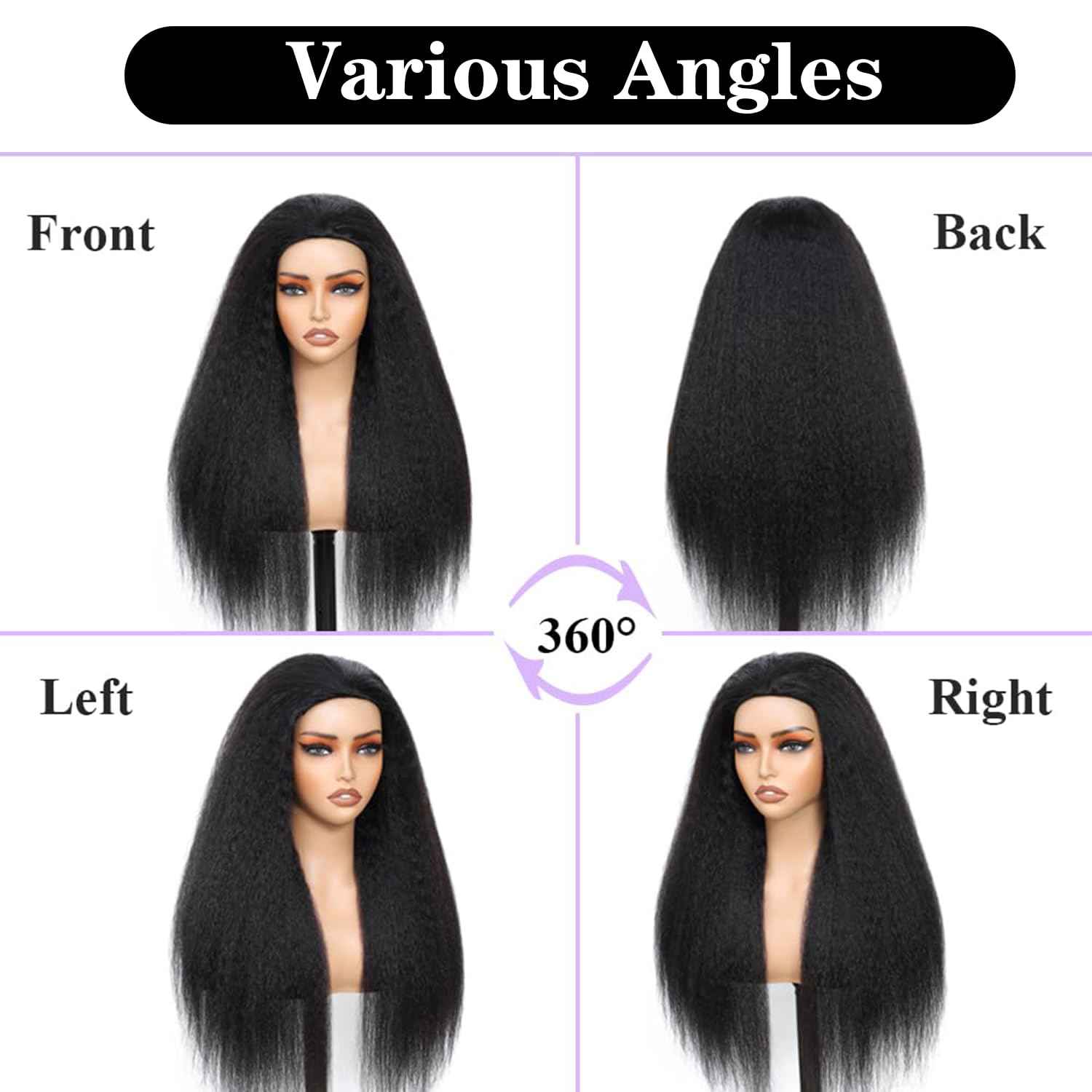 200 Density Kinky Straight Half Wig Human Hair 18 Inch,Yaki Straight 3 In 1 Seamless Flip Over Half Wigs Human Hair Glueless Wear Go Beginner Friendly Curly Half Wig Drawstring Headband Wig for Women