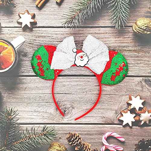 Christmas Mouse Ears Hair Band Bow Headbands Xmas Headwear, Santa Claus Hair Hoop Princess Head Bopper Cosplay Costume Tiara (Red Green White)