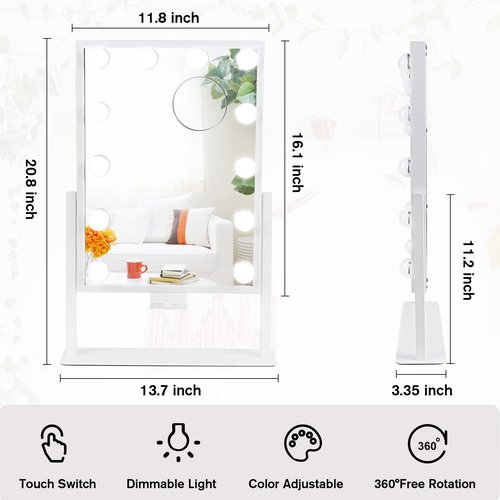BWLLNI Vanity Mirror with Lights, Hollywood Lighted Makeup Mirror with Phone Holder, Smart Touch Control, 3 Color Lighting Modes, Detachable 10X Magnification, 360°Rotation(White)