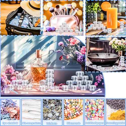 MotBach 50PCS 10g Empty Sample Containers with Clear Lids,Refillable Makeup Sample Containers, Small Sample Pot Jars Travel Makeup Containers with Mini Spatulas for Liquid Powder Creams Lotions