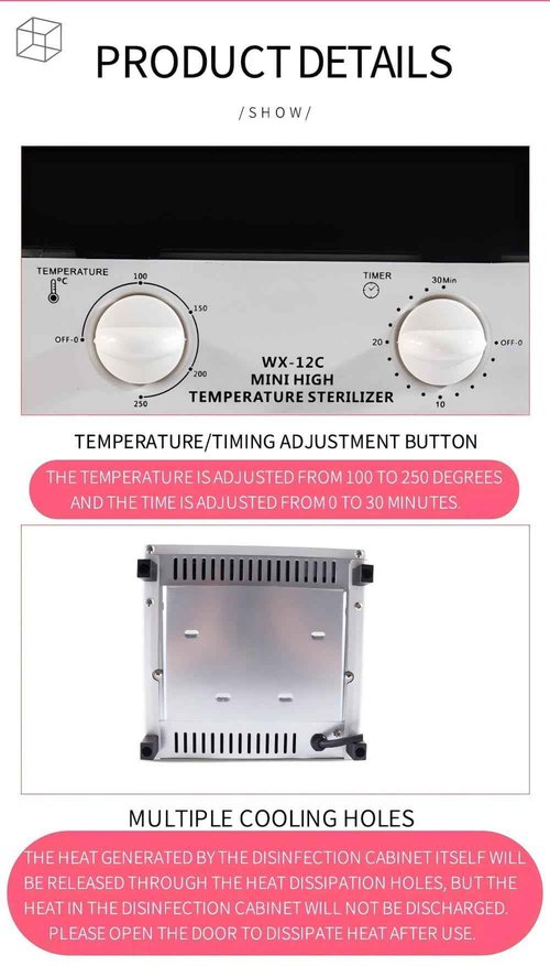 Sterilizer for Nail Tools, 12L Multifunctional High Temperature Cleaning Dry Box Stainless Steel with Temp Control, Tweezer Sterilizer, Stainless Trays, Timer, Nail Salon Equipment