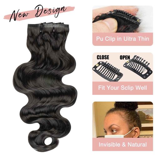 Niawigs Seamless Clip Ins Human Hair Clip In Extensions for Black Women Body Wave Real Human Hair PU Invisible Clip On Hair Extensions 7pcs Set 20 Inche 120 Gram