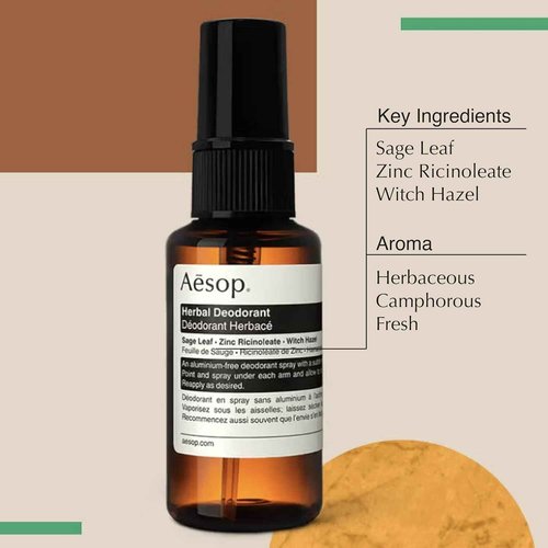 Aesop Herbal Deodorant Spray | Aluminum Free | Deodorant Reduces + Masks Underarm Odor | Sage Leaf, Zinc Ricinoleate, Witch Hazel | 1.7 oz / 50mL (Pack of 2)